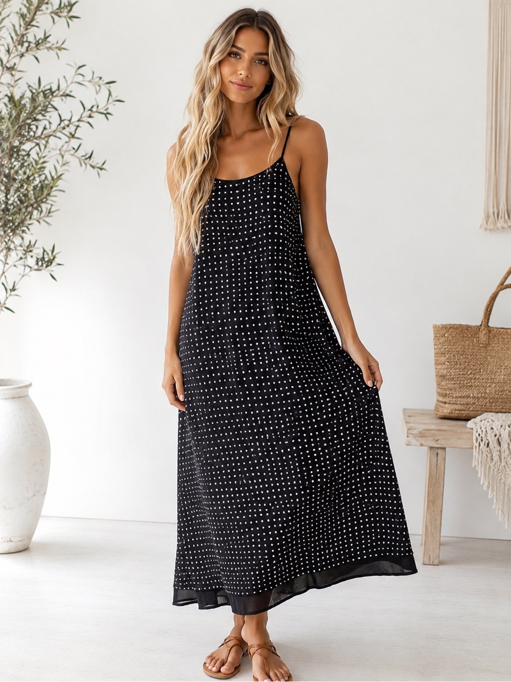 Retro Polka Dot Midi Shift Dress | Black & White | Size Small
